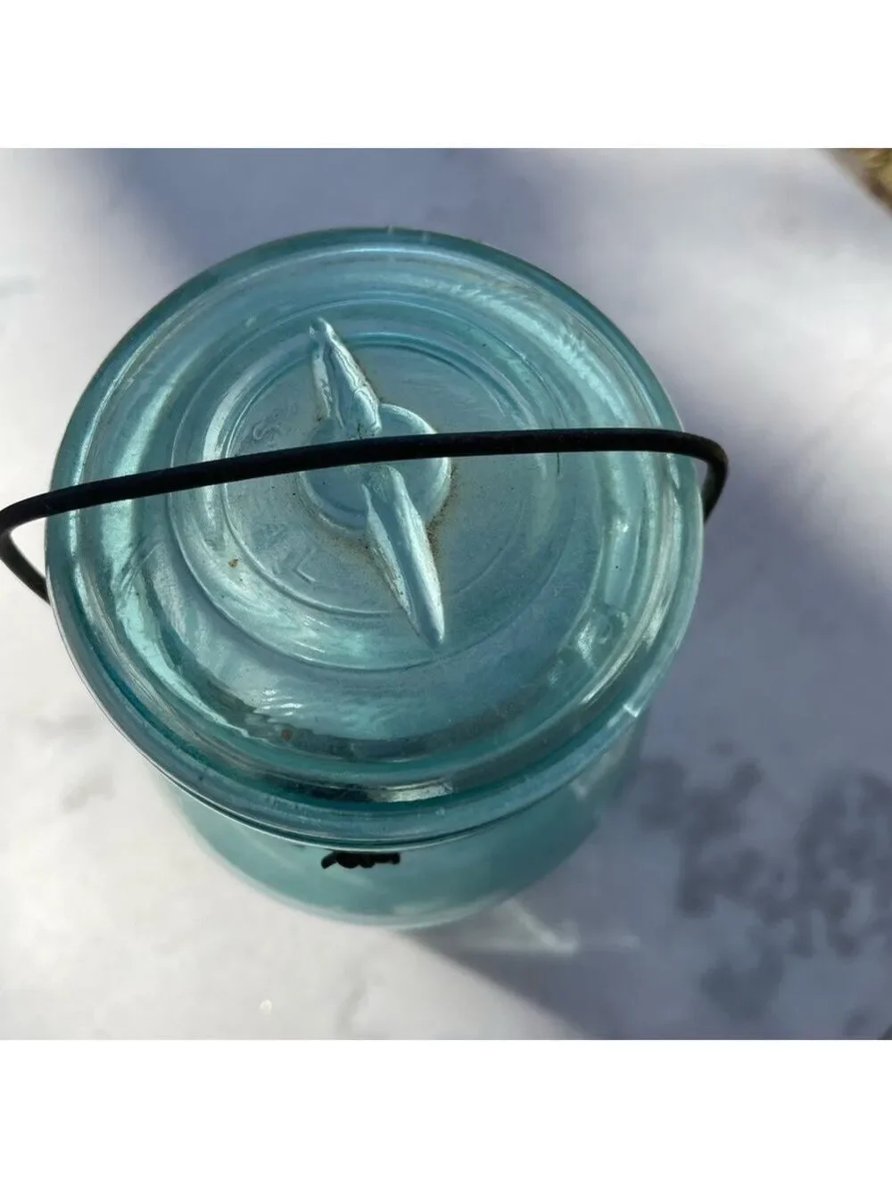 Antique Aqua Blue Atlas E-Z Seal Glass Canning Jar, w/Lid & Wire Bail.